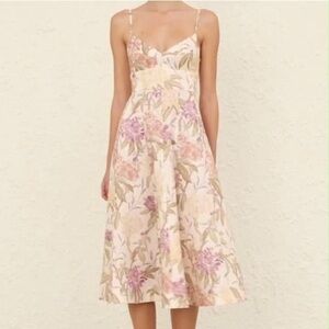 Floral Cream Midi Slip Dress with Pink Bouquet Print